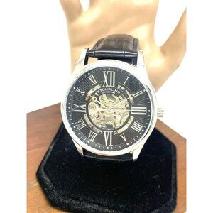 Stuhrling Mens Watch 3942 Automatic Skeleton Dial Silver Black Leather Band 42mm